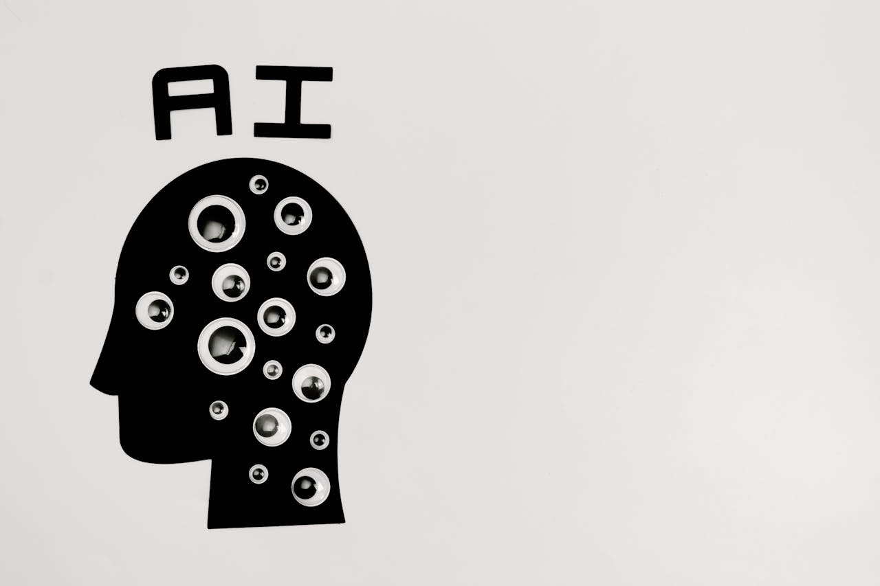 gallery-2 Abstract illustration of AI with silhouette head full of eyes, symbolizing observation and technology.